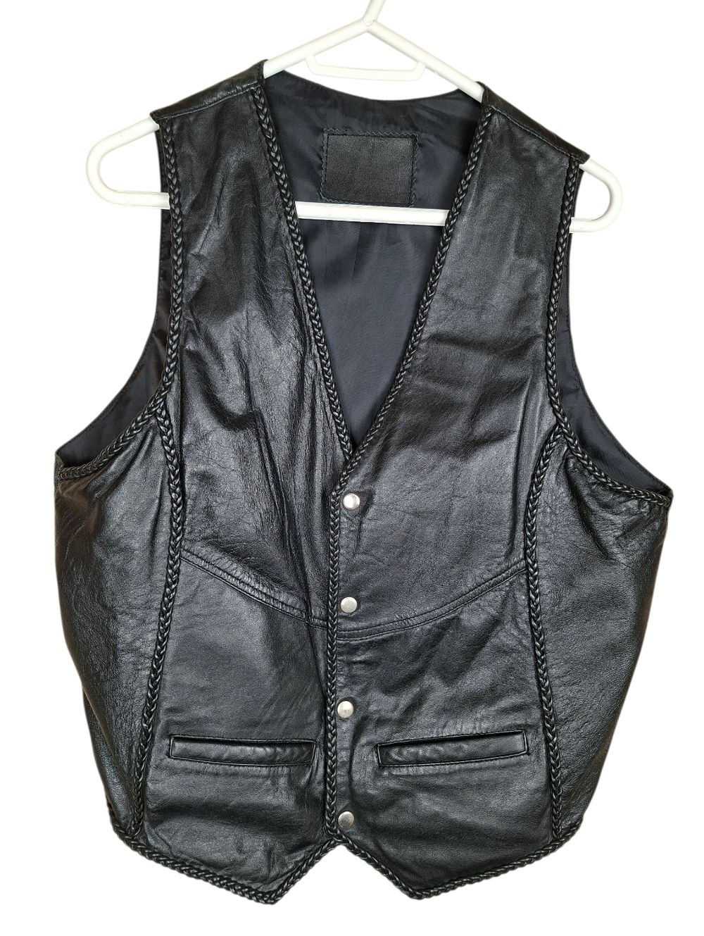 Vintage Genuine Black Buttery Soft Leather Vest Biker Rocker Cowboy Braided Trim